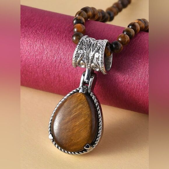 Tiger's Eye Solitaire Pendant with Beaded Necklace 20 Inches in Stainless Steel - Picture 3 of 8